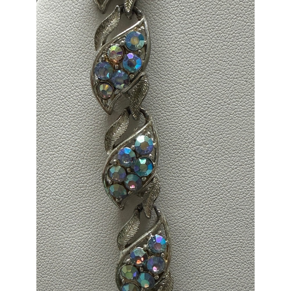 Vintage Coro Aurora Borealis Rhinestone Leaf Choker Necklace Silver Tone Blue - Picture 3 of 6